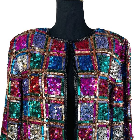 Vintage Rina Z Beaded Sequin Jacket 100% Silk Window Pane Boxy Cardigan … - Picture 2 of 14